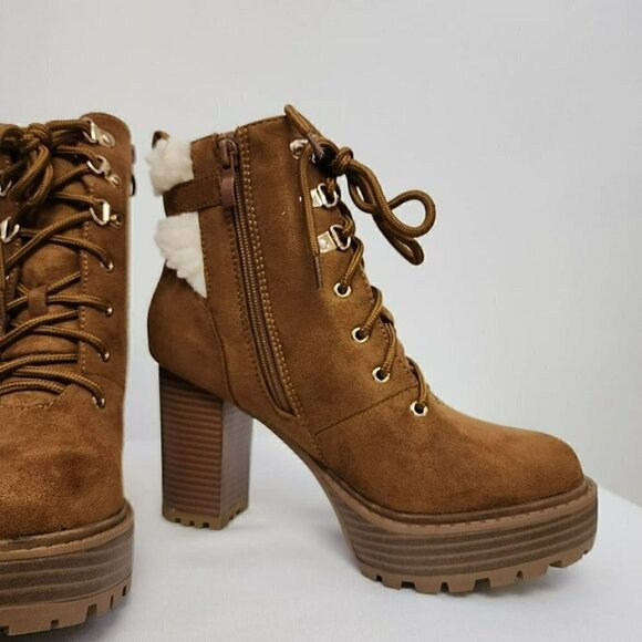 Brown Faux Suede Shearling Cuff Lug Sole Booties 7.5 - Picture 4 of 12